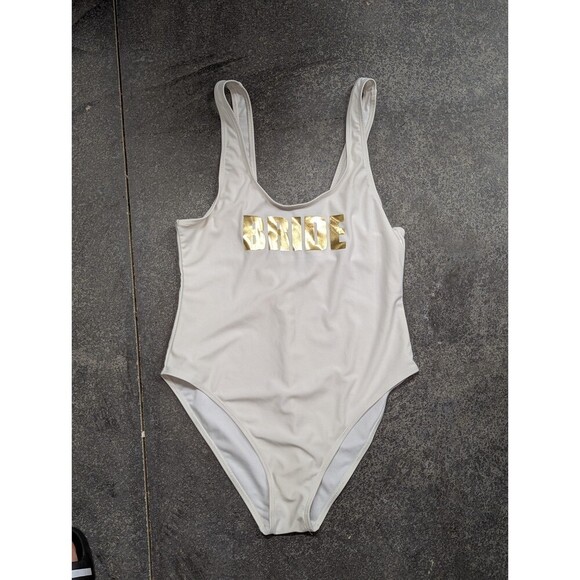 Boohoo Size 10 White BRIDE gold Metallic print One Piece Swimsuit Bathing Swim - Picture 1 of 5